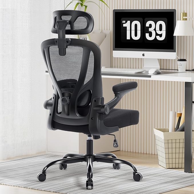 Office Chair Ergonomic Office Chair with Lumbar Support, Head Support, Rocking Function, FILP-up Armrests, Mesh High Back Chair Home Office Desk Chair, Suitable for Home, Office, Black