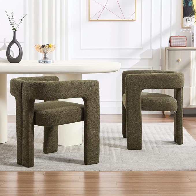 Modern Dining Chairs Set of 2, Upholstered Side Chairs Sherpa Fabric Guest Chairs with Barrel Backrest Armchair for Dining Room Living Room, Green