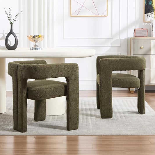 Modern Dining Chairs Set of 2, Upholstered Side Chairs Sherpa Fabric Guest Chairs with Barrel Backrest Armchair for Dining Room Living Room, Green
