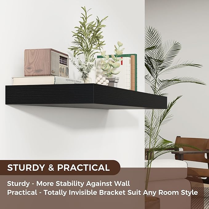 Floating Shelves for Wall, 40" W x 12" D x 2" H, 1 Pack of Long Wall Mounted Engineered Wood Shelves with Invisible Brackets for Living Room, Bedroom, Bathroom, Kitchen Decor, Black