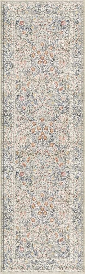 Vintage Beige Blue 2'6" x 8' Runner Rug for Hallway, Kitchen, Bathroom, Entryway Indoor, Washable Non Slip Rubber Backing Stain Resistant - Botanical Home Decor