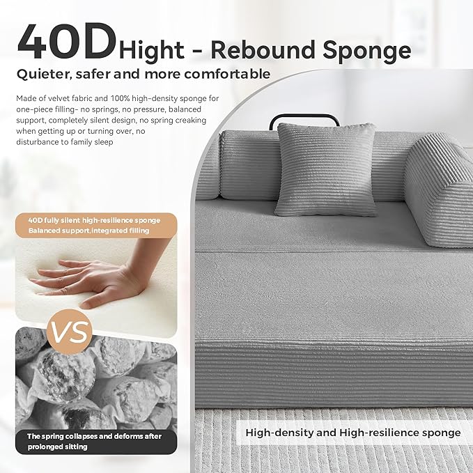 Convertible Sleeper Sofa Bed, Sleeper Sofa with Pillow | Corduroy Fabric | High-Density Sponge | Fixed-Shape Frame, Modular Sofa Bed for Living Room Lounge Studio (Light Grey)