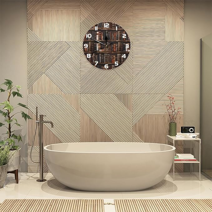 Retro Bookshelf Books Wallpaper Wall Clock Battery Operated 10 in Round Wall Clocks Slilent Non Ticking Quartz Analog Clock for Bedroom Kids Living Room Classroom Decor