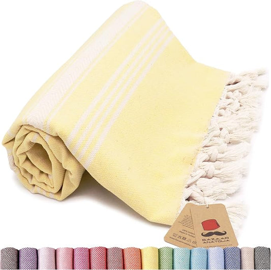 Bazaar Anatolia Turkish Beach Towel – 100% Cotton, Quick Dry, Sand Free Towel for Bathroom, Camping, Travel – Oversized 71x39 Inches – Stripe Yellow