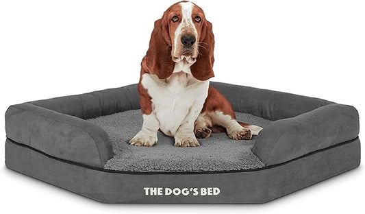 The Dog’s Bed Memory Foam Waterproof Corner Dog Bed, Large, Grey Plush, Eases Pet Arthritis & Hip Dysplasia Pain, Therapeutic & Supportive, Washable Plush Fabric Cover