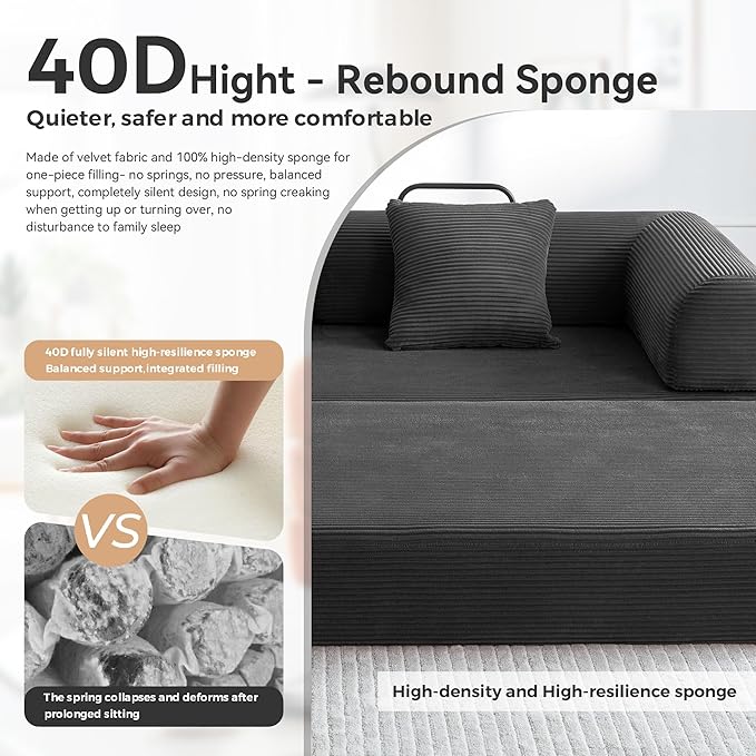 Convertible Sleeper Sofa Bed with Cylindrical Pillow, Comfy Foldable Sofa Bed Compressed Sofa in Box, Floor Sofa Lounge Couch for Living Room Bedroom Lounge Studio, Tool-Free Assembly (Black)