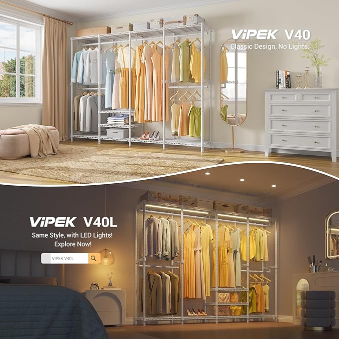 VIPEK V40 Wire Garment Rack Heavy Duty Clothes Racks for Hanging Clothes, Multi-Functional Bedroom Clothing Racks Freestanding Closet Wardrobe Rack, 76" L x 15.7" W x 76.4" H, Max Load 1110lbs, White