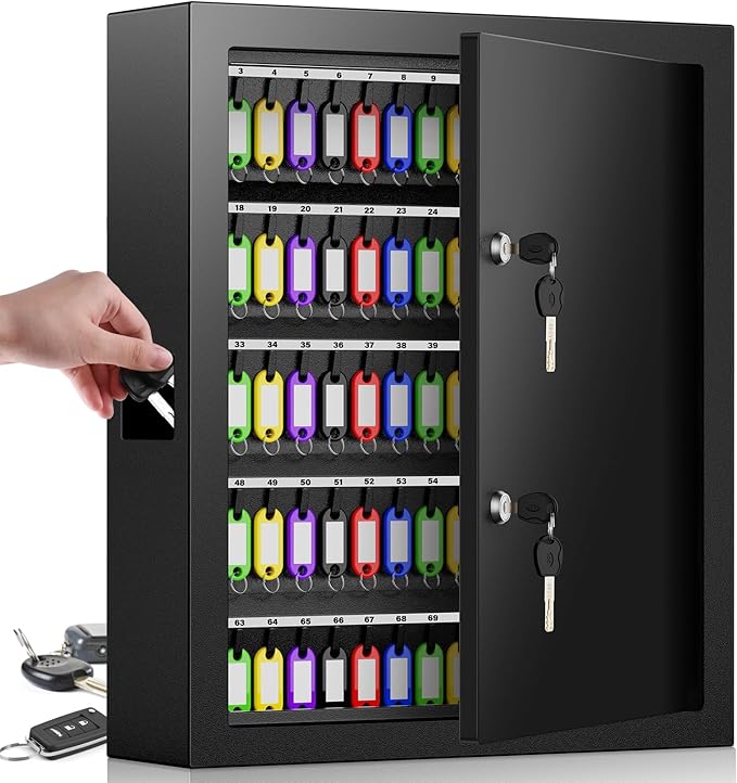 125 Keys Dual Lock Box Wall Mount, Anti-Theft Key Cabinet with Key Hooks & 125 Tags Key Labels, Steel Drop Slot Key Safe for Hotels & Office & Companies & Car Dealerships