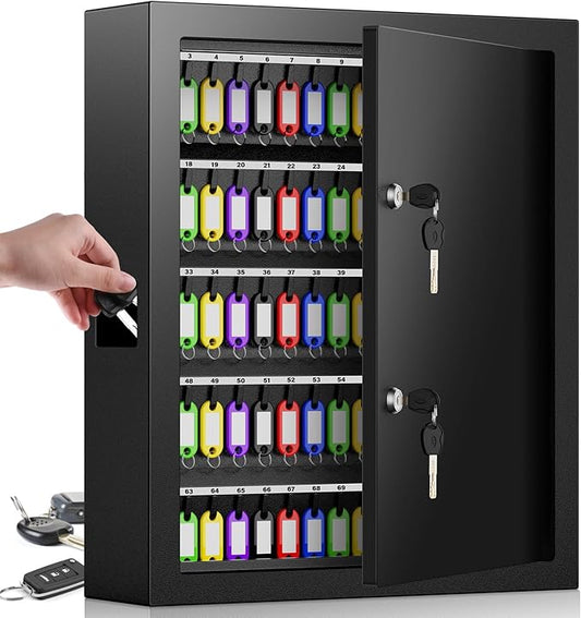 125 Keys Dual Lock Box Wall Mount, Anti-Theft Key Cabinet with Key Hooks & 125 Tags Key Labels, Steel Drop Slot Key Safe for Hotels & Office & Companies & Car Dealerships