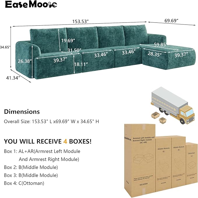 EASE MOOSE Cloud Couch Sectional Sofa, Large L-Shaped Oversized Modular Couch for Living Room, Minimalist Boneless Convertible Couches with Ottoman, 5-Seat Deep Sofas for Bedroom, Chenille (Blue)
