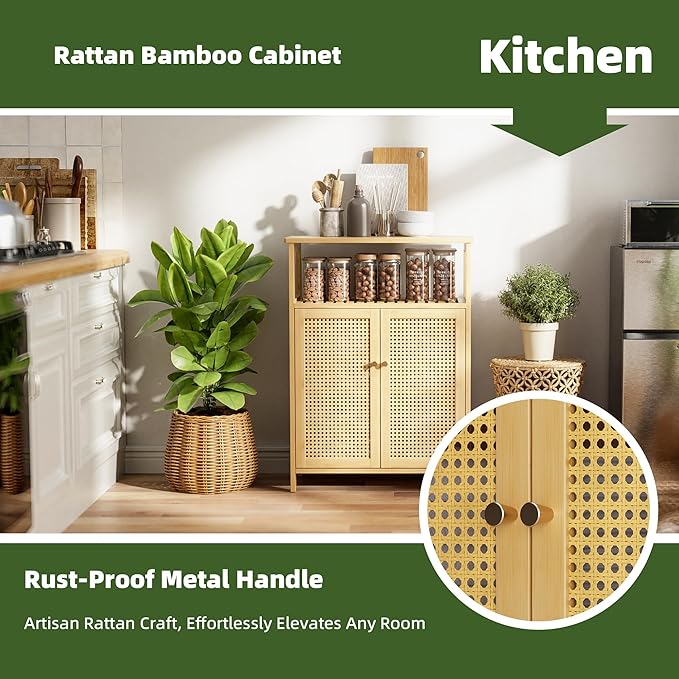 Bathroom Floor Stand Cabinet, Bamboo Storage Organizer Table with 2 Rattan Doors and 1 Shelf, Wooden Side Cupboard for Hallway, Laundry, Kitchen, Living Room (Natural)