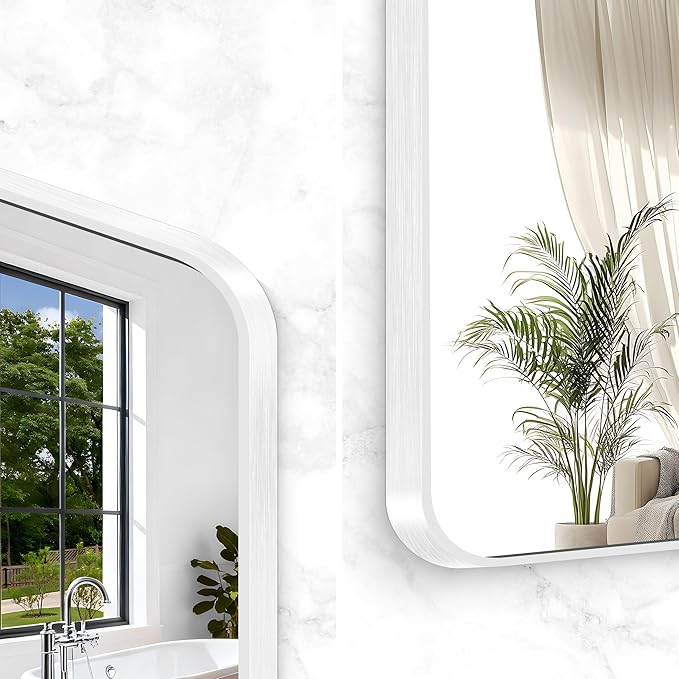 BONEWEI White Bathroom Mirror,36x40 inch Wall Mirror for Bathroom Wall Mounted,Rectangle Mirror for Bathroom Over Sink,Modern Frame Round Corner for Living Room,Bedroom Entryway,Horizontal/Vertical
