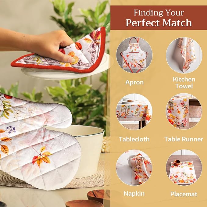 Maison d' Hermine 100% Cotton Oven Mitt & Pot Holder Set (7.5"x13" & 8"x8") Heat Resistant BBQ Cooking Gloves with Loop for Thanksgiving Christmas Decorations Handling Hot Pans (Amarante)