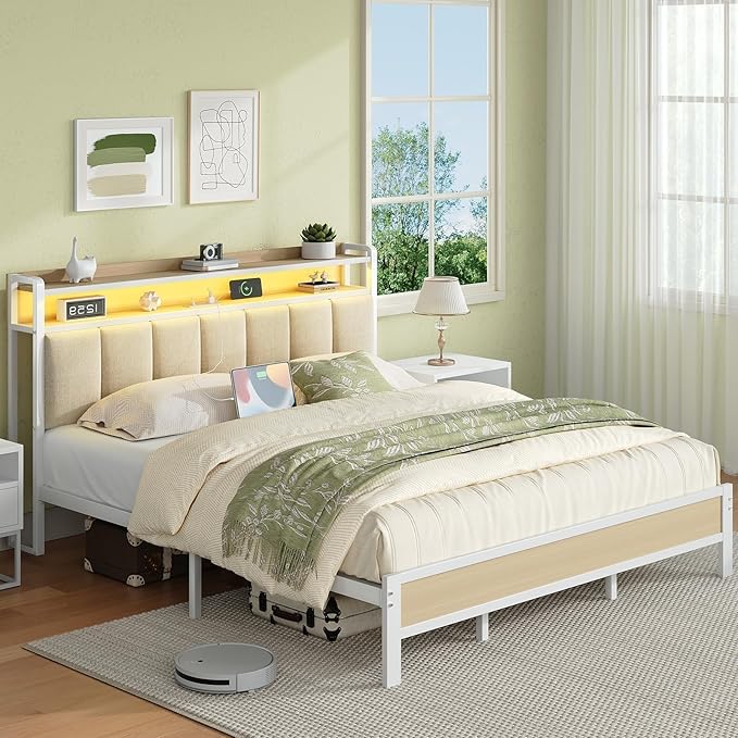 King Size Bed Frame with Storage Headboard, Metal Platform Bed Frame King Size with LED Lights and Charging Station, Heavy Duty Metal Slats, No Box Spring Needed, Easy Assembly, Beige