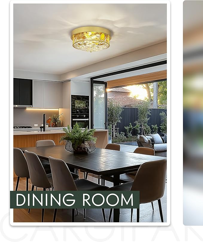 Polished Gold 12" Ceiling Fixture – Hammered Glass, Farmhouse-Inspired Flush Mount for Bedroom, Living Room, or Dining Area - CKCL4822-2W-HGPG