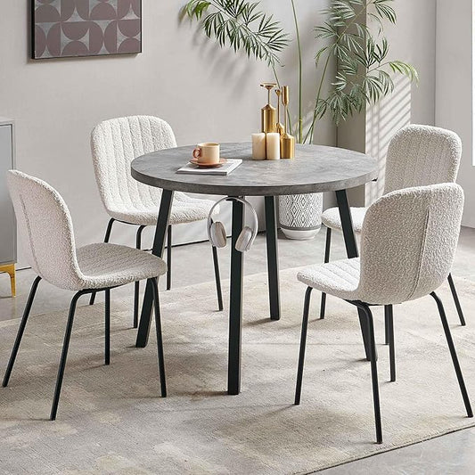 5-Piece Round Table Set for 4, 37.4" Grey Round Table with Hooks, Solid MDF Tabletop, Industrial Kitchen Table with Beige Boucle Dining Chairs for Restaurant, Dining Room