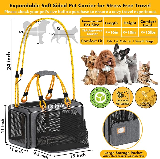 PAWZIDEA Expandable Pet Carrier Airline Approved, 18×11×11 Inches Small Dog Carriers, Collapsible Top-Load Cat Carrier for 2 Cats Under Seat, Soft-Sided Puppy & Animal Travel Bag, ID Card, Up to 15lbs