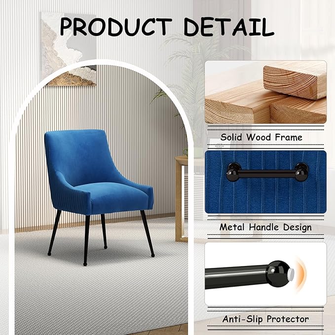 Velvet Dining Chairs Set of 4,Blue Upholstered Living Room Chairs with Black Metal Legs, Modern Tufted Accent Chairs for Living Room, Study Room, Kitchen