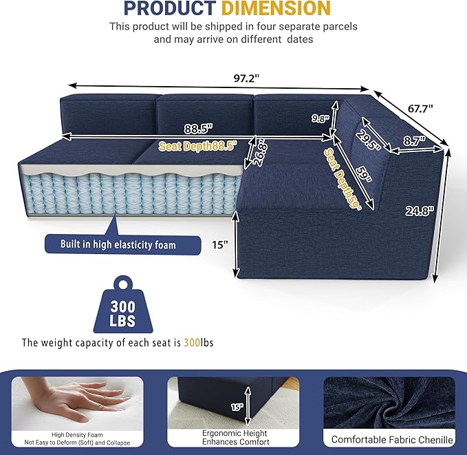 97" Sectional Compressed Sofa Modular Couches,High-Density Foam No Assembly Required,3-Piece(1xCorner 3xArmless) for Living Room, Chenille Blue