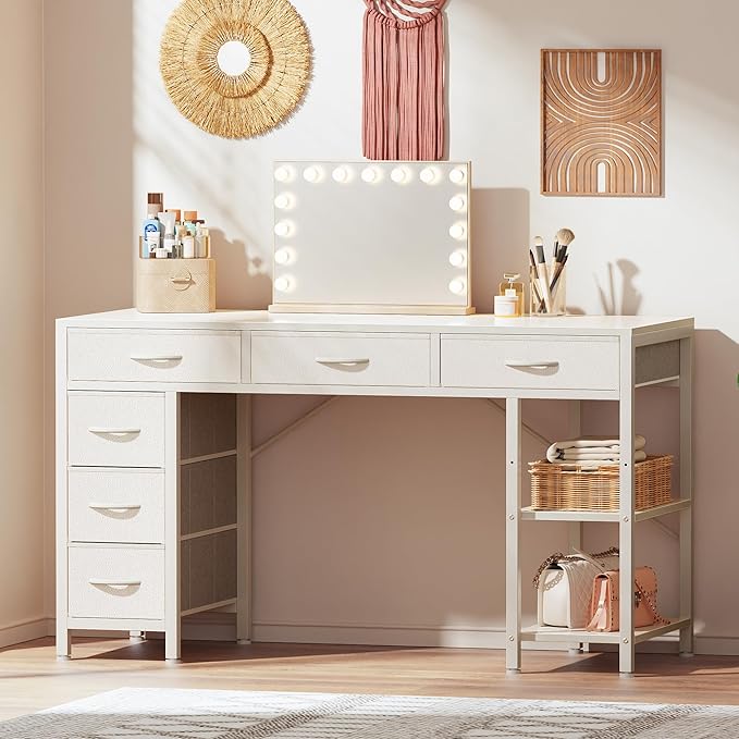 Huuger Computer Desk with 6 Drawers, Office Desk with Shelves, Reversible Gaming Desk, Corner Desk with Storage, Work for Home Office, Study, Living Room, 47inch, White