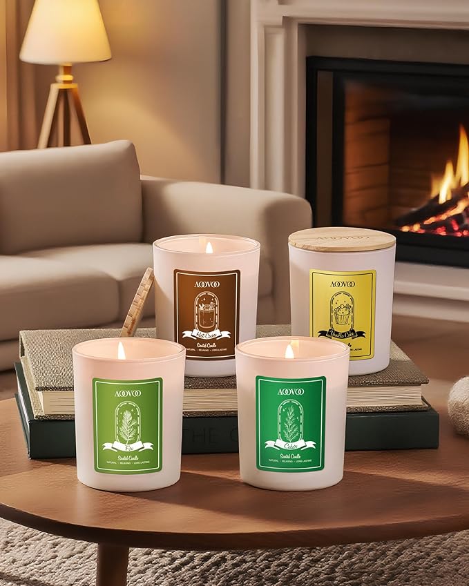 AOOVOO Christmas Candles Set for Women - 4 Pack Candles for Home Scented, Aromatherapy Candle with Crystals, 28 oz 200 Hour Long Lasting Candle, Winter Fragrance of Cedar, Fir, Hot Cocoa, Vanilla Cake
