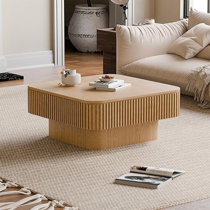 Square Coffee Table for Living Room,Fluted Drum Accent Tea Center Table with Storage,Solid Wood Modern Coffee Tables for Small Space Office Apartment (31.5" L×31.5''W×14''H-Natural)