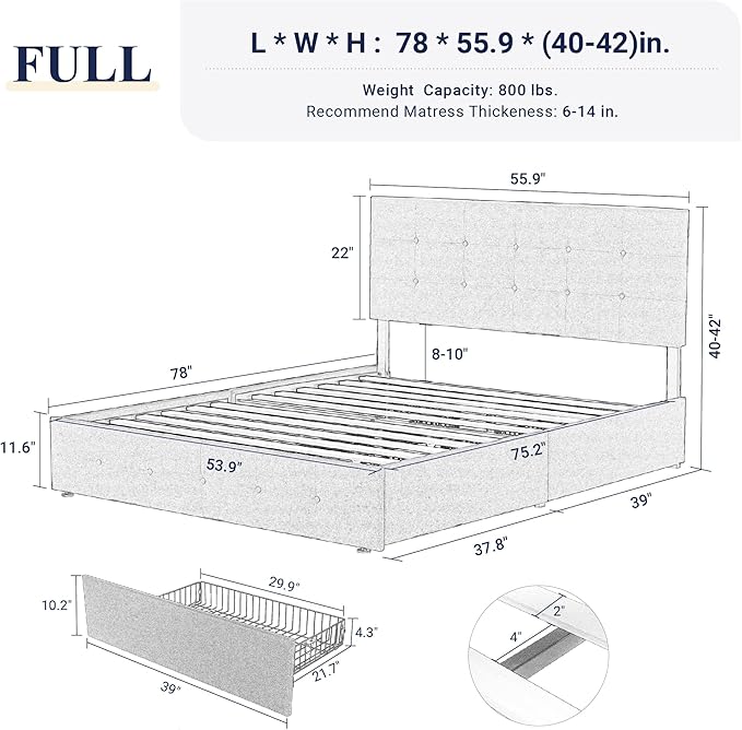 Allewie Upholstered Full Size Platform Bed Frame with 4 Storage Drawers and Headboard, Square Stitched Button Tufted, Mattress Foundation with Wooden Slats Support, No Box Spring Needed, Light Grey