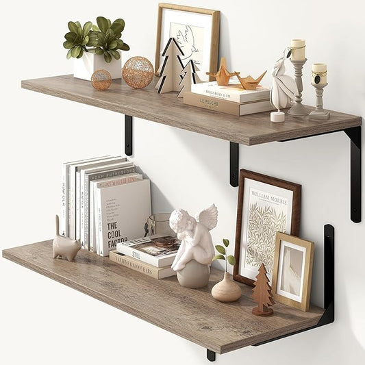 Fun Memories Floating Shelves for Wall, 12 Inch Deep Floating Shelves Set of 2, Wall Mounted Shelf with Metal Brackets, Rustic Wood Wide Shelf for Bathroom, Kitchen and Living Room, Grey, 36W x 12D