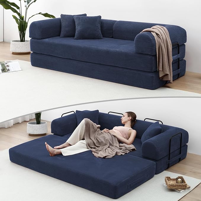 Compression Sofa - 79'' Convertible Sofa Bed, Boneless Couch in a Box, Modular Corduroy Foldable Sleeper Sofa with 2 Pillows, Loveseat Couches for Living Room (Corduroy Fabric, Blue)