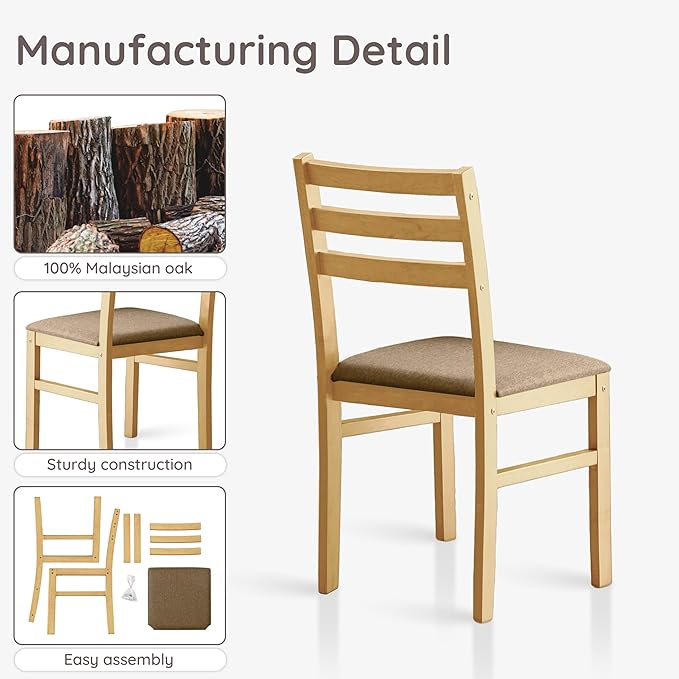 Livinia Seattle Modern Farmhouse Kitchen Dining Room Chair Set of 4, Solid Wood Fabric Upholstered Cushion Seat Wood Ladder Back Chairs (Natural)