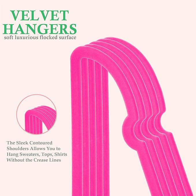 Velvet Hangers 20 Pack, 360° Swivel Rose Gold Hooks, 16" Non Slip Felt Hanger, Space Saving Clothes Hanger, Durable & Cute Flocked Heart Hanger for Adult (Hot Pink)
