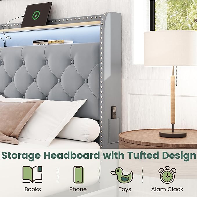LARMACE King Size Bed Frame Velvet Upholstered LED Tufted King Platform Bed and Headboard with 4 Storage Drawers&USB Type-C Charging Station,No Box Spring Need/Noise Free,Easy Assembly,Bluish Grey