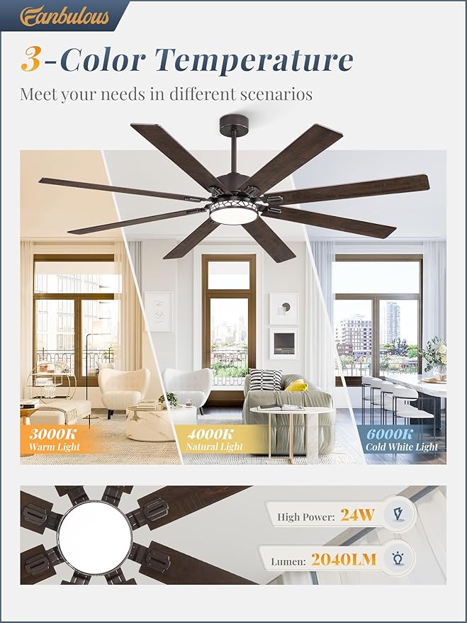 Fanbulous 72 Inch Large Ceiling Fans with Lights, Farmhouse Ceiling Fan with Light and Remote, Dual Finish 8 Blades, Reversible DC Motor, 3CCT, 6 Speed, Modern Ceiling Fan for Living Room, Oil Bronze
