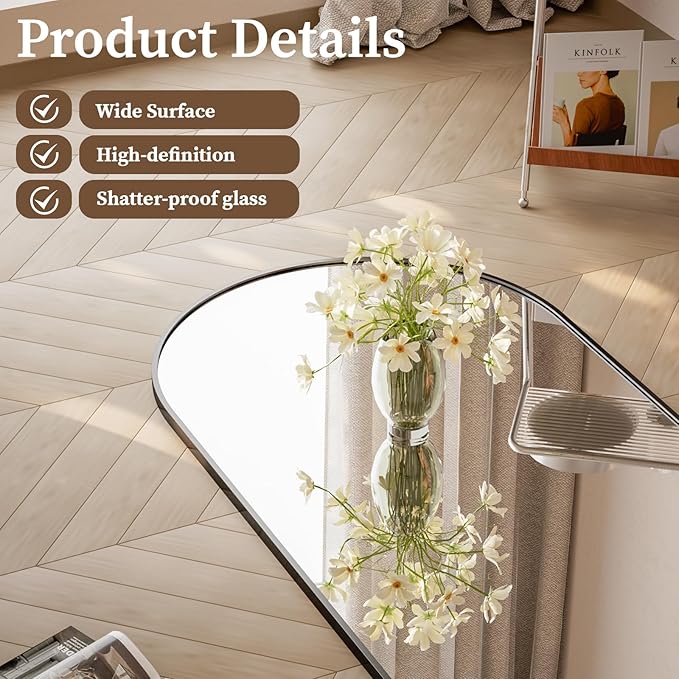 Arched Full Length Mirror - 65 x 24 inch Full Body Floor Mirror, ShatterVue Tempered Glass, Standing, Leaning, Wall Mounted for Living Room, Bedroom, Black