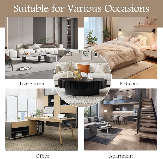 Fluted Coffee Table 43.3" Oval Wood Coffee Tables Modern Handcraft Drum Coffee Table with Solid Wood Relief Sturdy Pedestal Accent Table for Living Room Home Office,Black