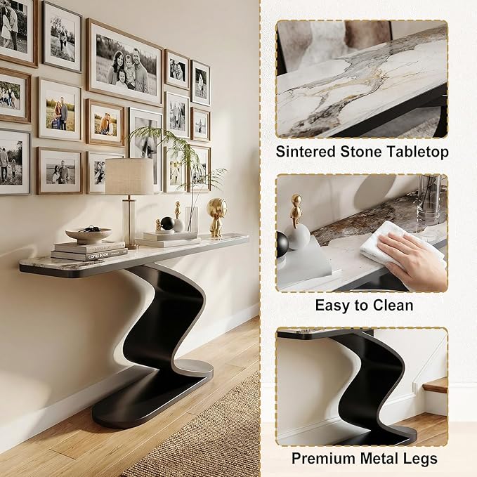 Modern Console Table with Sintered Stone Top, 47" Entryway Table with Sculptural S-Shaped Base Narrow Hallway Sofa Table Behind Couch for Living Room, Accent Furniture(White,59"x11.8"x31.5")
