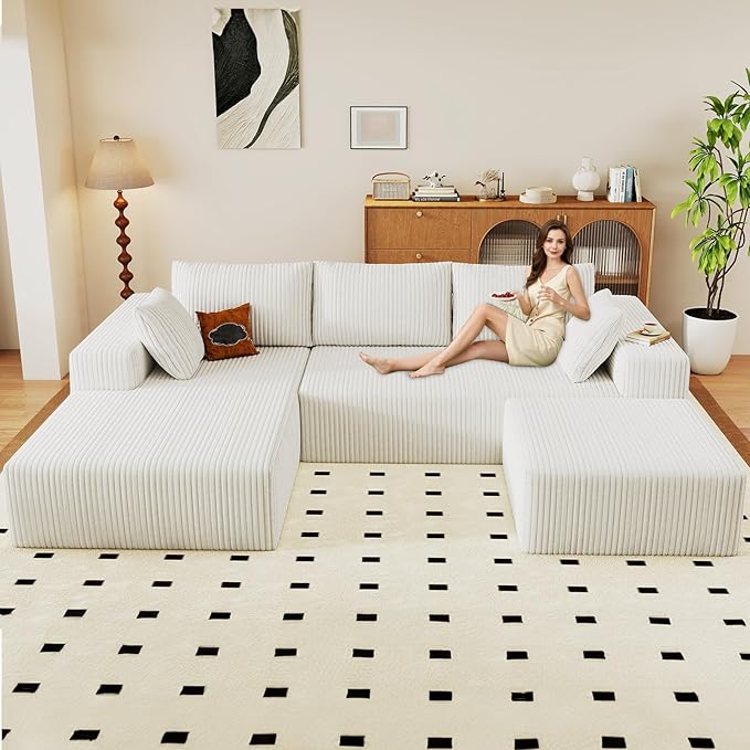 96" U-Shape Cloud Couch, Modern Modular Sectional L-Shape Sofa with Ottoman, Corduroy Upholstered Couches Deep Seat Sleeper Chaise Longue for Living Room, No Assembly Required(White, Left Facing)