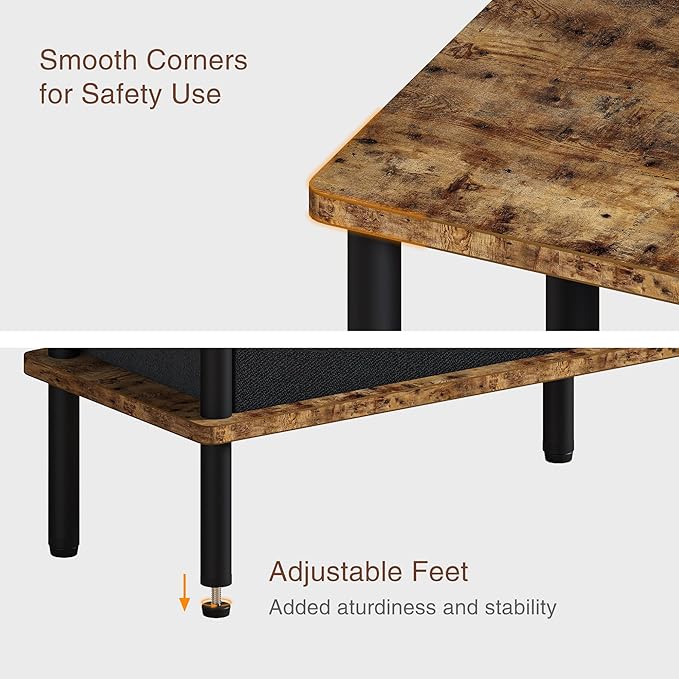 Narrow Side Table with Fabric Basket, Set of 2 End Table for Small Spaces, Slim Nightstand with 3-Tier Storage Shelf, Sofa Beside Table, for Living Room, Bed Room, Rustic Brown