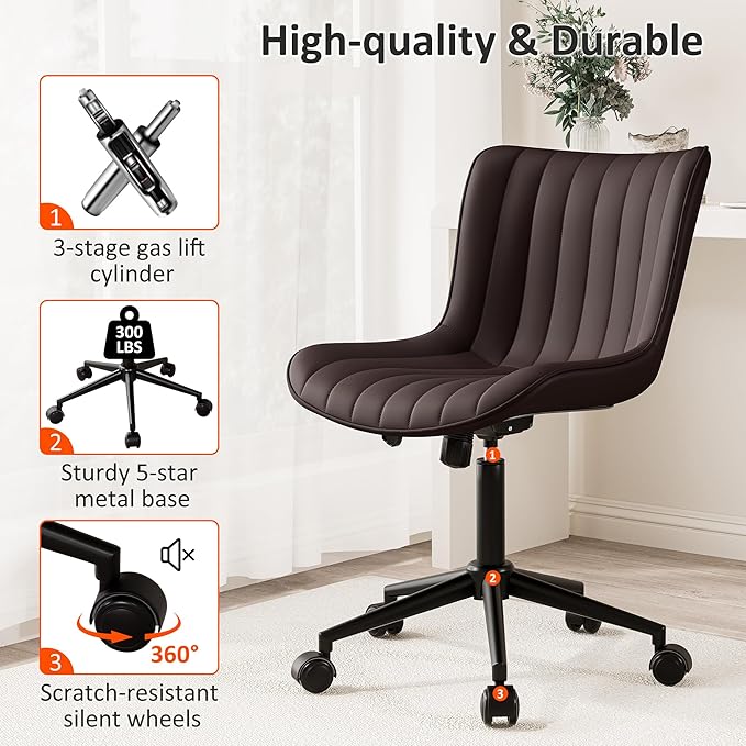 Kidol & Shellder Brown Leather Home Office Desk Chair with Wheels Modern Cute Armless Executive Swivel Vanity Chair with Comfy Padded Back Ergonomic Rolling Adjustable Computer Task Chair Small
