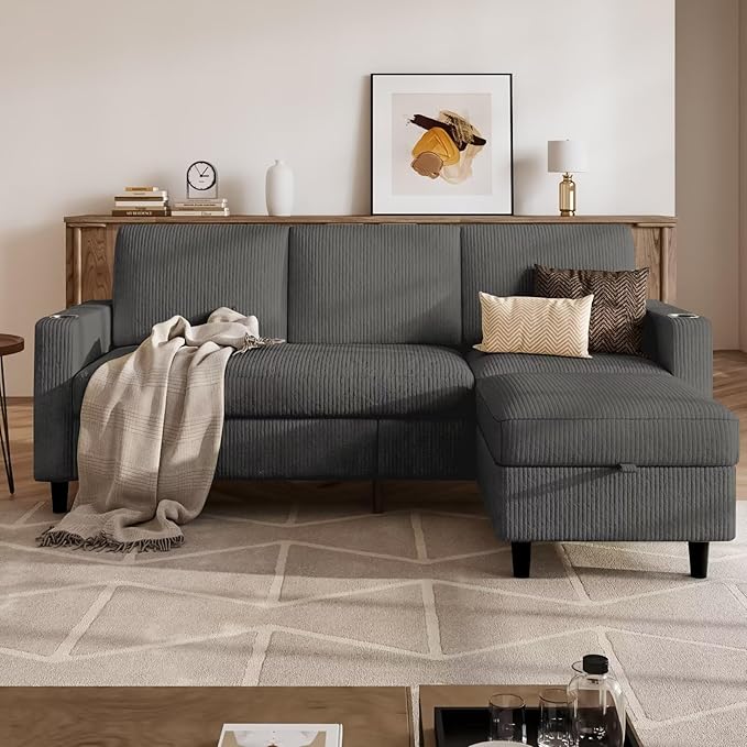 Sectional Couches for Living Room, L Shaped Couch with 2 Cup Holders, Small Sofa Corduroy Couch with Storage Ottoman, Modern 3 Seater Convertible Sofa for Apartment, Office, Dark Grey