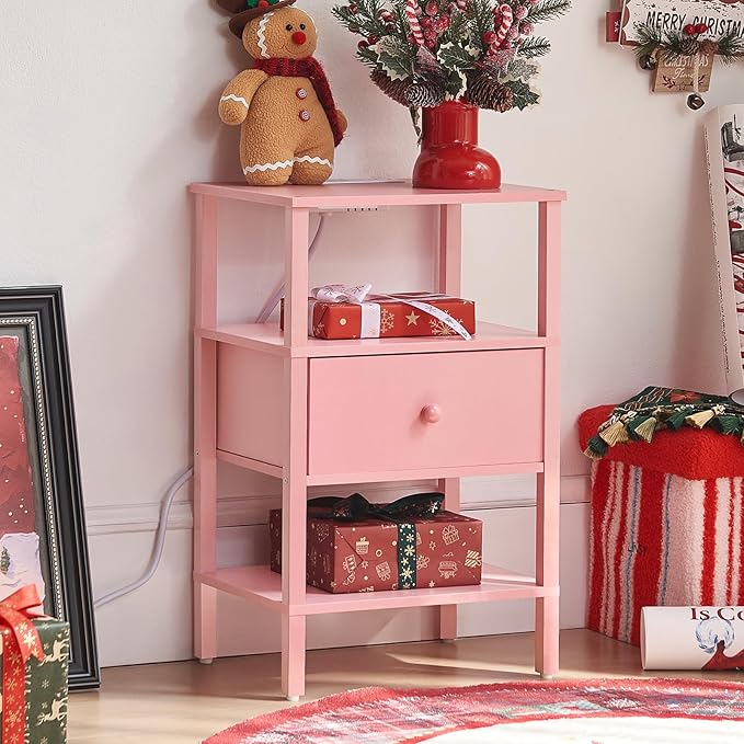 Lerliuo Nightstand with Charging Station and USB Ports, 3-Tier Storage Pink End Table with Drawer Shelf, Night Stand for Small Spaces, Wood Bedside Table for Living Room, Bedroom - ‌Light Pink