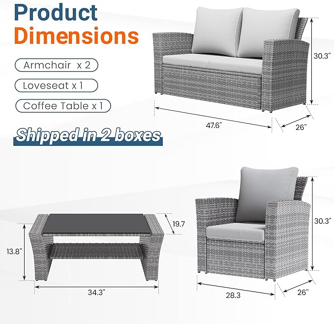 Wisteria Lane 4 Piece Patio Furniture Set, Wicker Outdoor Patio Conversation Furniture Set, All Weather Outdoor Patio Sofa with Cushion and Glass Table, Grey
