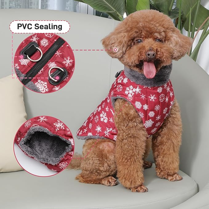 Warm Fleece Dog Coats with Durable Harness Buitl in D-Ring,Waterproof Doggie Jacket for Medium Dogs,Dog Vest for Cold Winter,Red,Snow Pattern XL