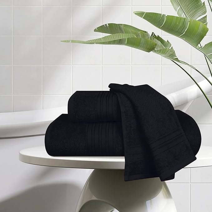BOUTIQUO Ultra Soft 3 Pack Cotton Towel Set, Contains a Bath Towels 28x55 inch, a Hand Towels 16x24 inch & a Wash Coths 12x12 inch, Ideal Everyday use, Compact & Lightweight - Black