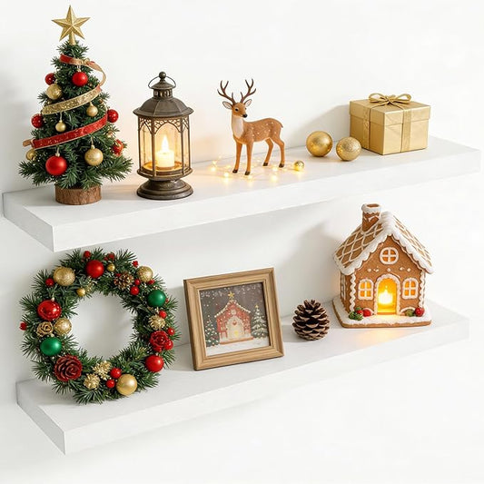 40 Inch Floating Shelves for Wall, 8 Inch Deep Floating Shelf for Storage & Display, Rustic Wall Mounted Shelf with Invisible Brackets for Living Room, Kitchen, Bathroom, Home Decor, Set of 2, White