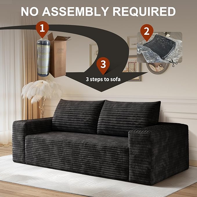 71" Corduroy Loveseat Sofa, 3-Seater Cloud Couch, Boneless Couch in a Box, Comfy Deep Seat Sofa with Memory Foam, Pillows and Wide Armrests, Modern Small Couches for Small Spaces, No Assembly (Black)