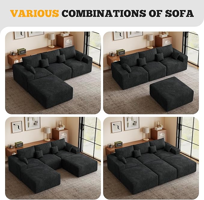 113" Modular Sectional Sofa, Convertible L-Shaped Cloud Couches for Living Room with Ottoman, 4 Seater Corduroy Boneless Couch Sofas Set, No Assembly Required, Black 1 PCS