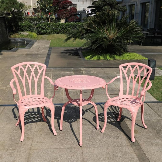 C/G Bistro Set 3 Piece Outdoor Cast Aluminum Patio Bistro Set with Umbrella Hole and Armrests,Outdoor Bistro Table Set,Patio Furniture Set Front Porch Set for Yard Garden Villa (Pink)