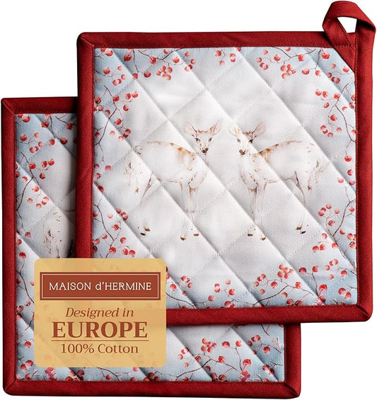 Maison d' Hermine Pot Holders Set 100% Cotton Heat Resistant Potholders 8" x 8" Hot Pads with Loop for Thanksgiving Christmas Decorations BBQ Baking Handling Hot Pans (Pack of 2, Fairy Tale Forest)