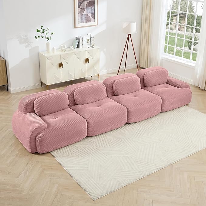 152" Modern Corduroy Cloud Sofa, Boneless Modular Large Sectional Couches for Living Room, Pink 4 Seater Compressed Memory Foam Couch, Extra Deep Seat, No Assembly